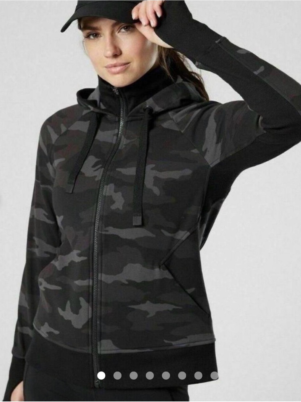 Athleta Triumph Printed Camo Full Zip Hoodie Jacket Black Gray Womenโs Size M